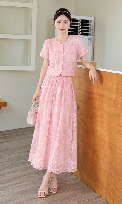Floral Lace Cropped Jacket and Midi Skirt Co-ord Set
