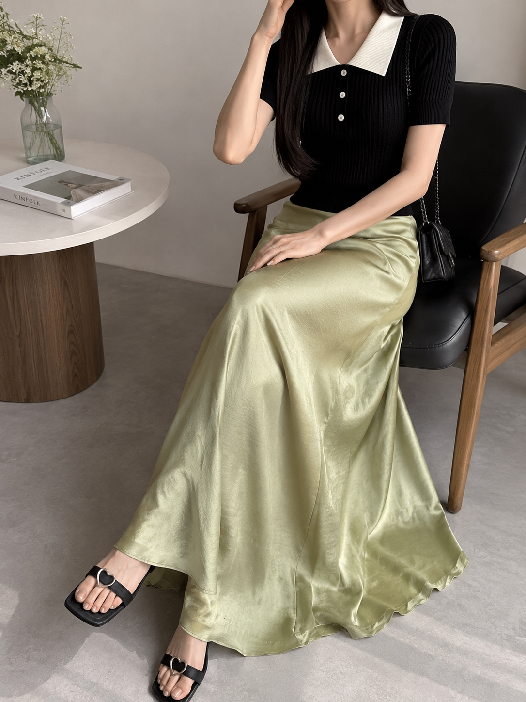 High-Waist Satin A-Line Maxi Slip Skirt