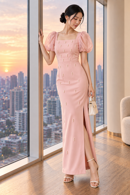 Pearl-Embellished Organza Puff-Sleeve Column Maxi Dress