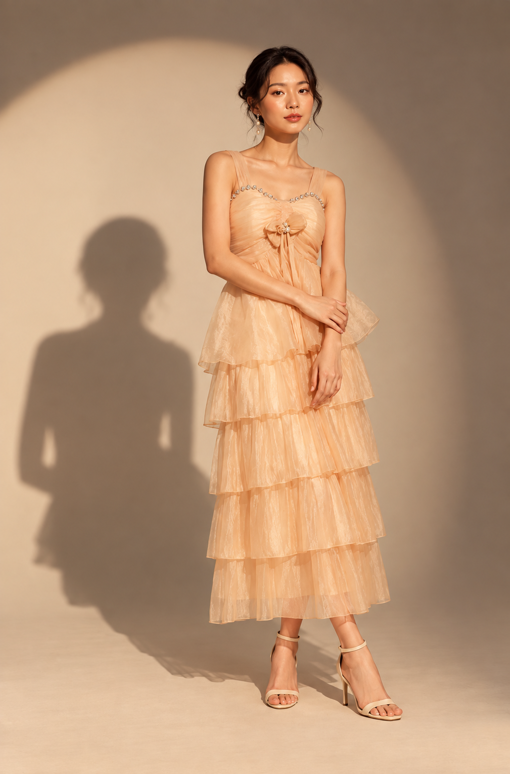 Pearl-Trimmed Tiered Weightless Midi Dress