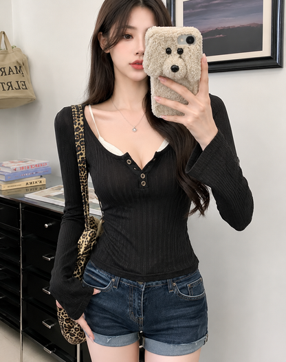 Ribbed Henley Long-Sleeve & V-Neck Bralette Set