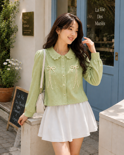 Pearl Bow Embroidered Lace-Collar Shirt