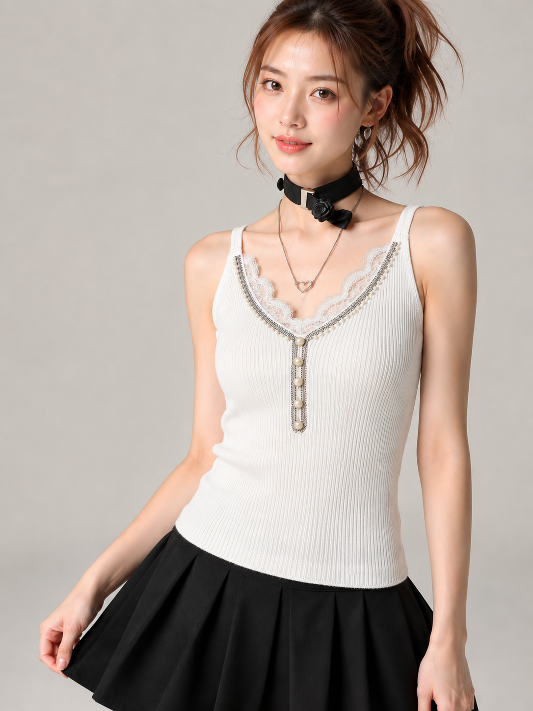 Pearl-Trimmed Lace Henley Ribbed Cami Top