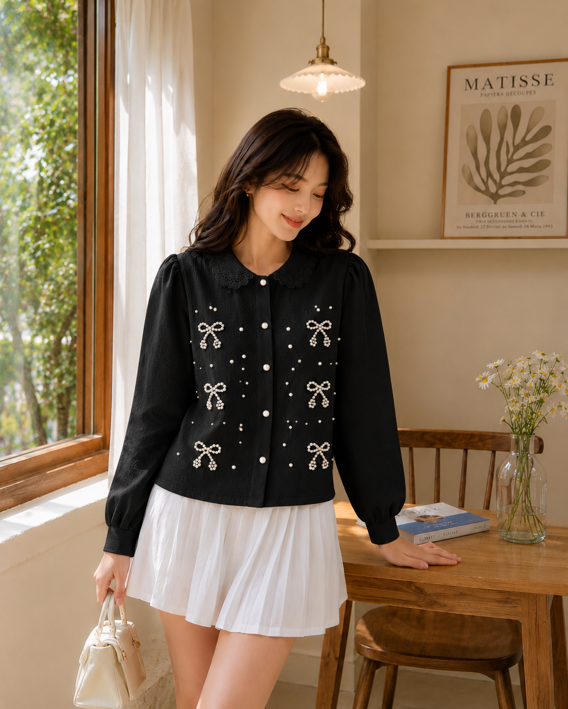 Pearl Bow Lace-Collar Shirt