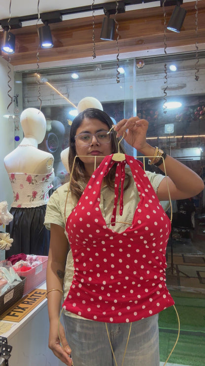 Retro Polka Dot Plunging Halter Peplum Top