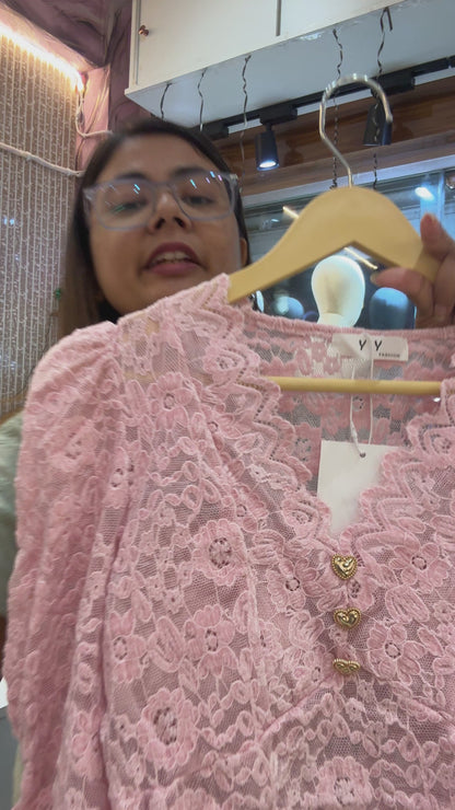 Scalloped V-Neck Lace Blouse